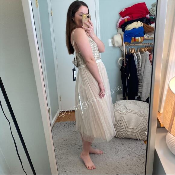 NWT Needle & Thread Nude Blush Pink beaded Top Tulle Empire Waist Maxi Dress 10 - Picture 6 of 12